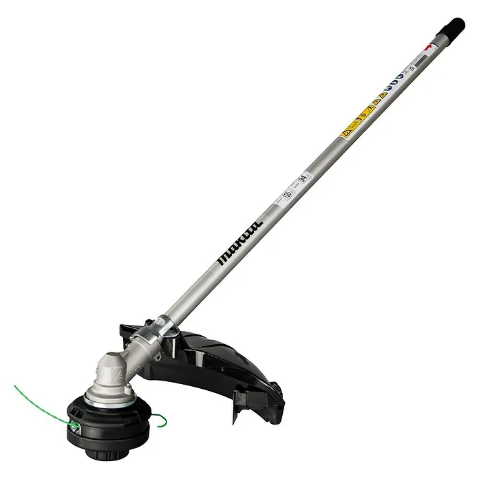 Makita Rasentrimmeraufsatz EM408MP - Passend für: DUX18, DUX60, UX01G - Silberfarbener Makita Motorsensenaufsatz mit schwarzem Kopf und grünem Faden.