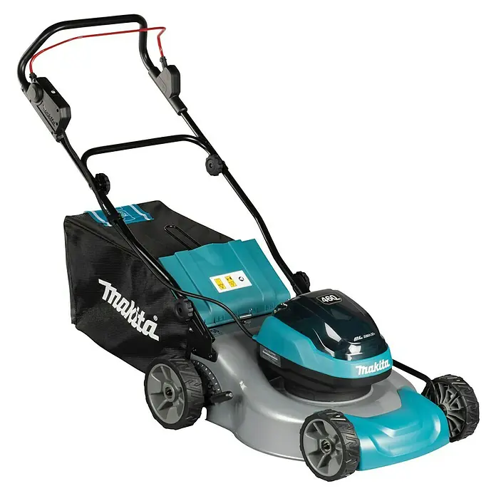 Makita LXT 18V Akku-Rasenmäher DLM466PT2 - 18 V, 2 Akkus, 5 Ah, Schnittbreite: 46 cm - Akku-Rasenmäher von Makita in Grau, Schwarz und Türkis, mit Fangkorb und ergonomischem Griff.