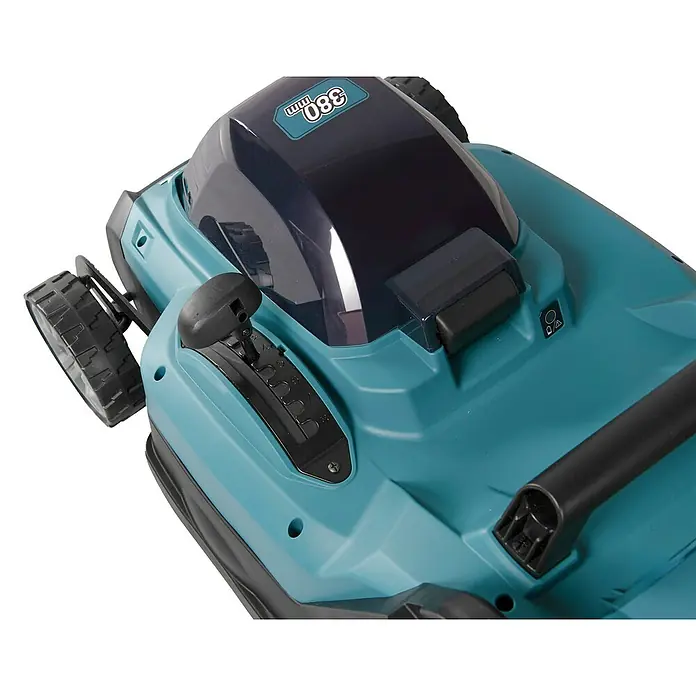 Makita XGT 40V max. Akku-Rasenmäher LM003GZ - 40 V, Ohne Akku, 8 Ah, Schnittbreite: 38 mm - Teal- und dunkelblauer Rasenmäher aus Kunststoff mit Rad, Schnitthöhenversteller und „380 mm“ Schnittbreitenetikett.