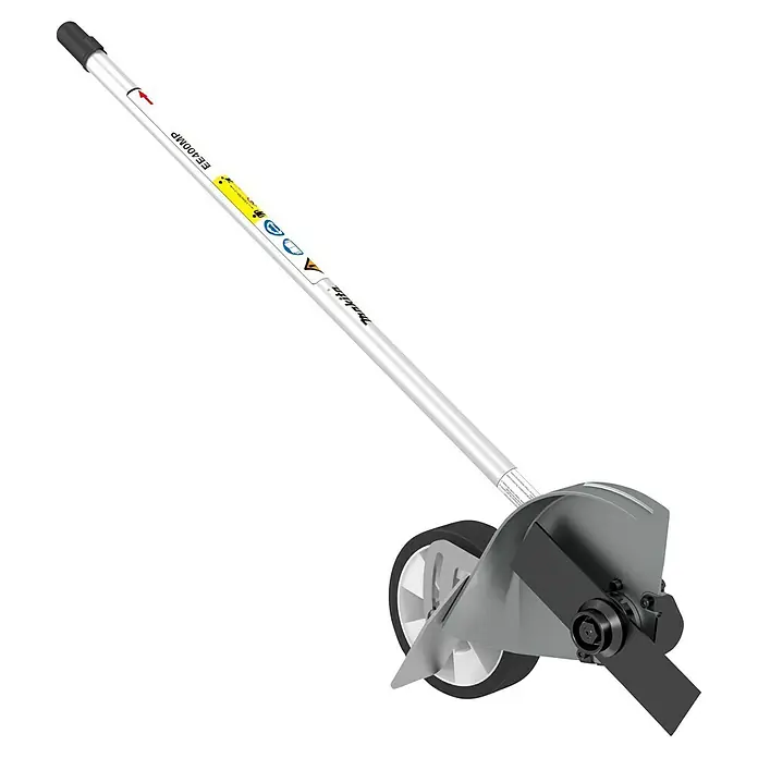Makita Rasentrimmeraufsatz EE400MP - Passend für: DUX18, DUX60, UX01G - Makita Rasentrimmer-Aufsatz mit weißem Schaft, schwarzem Messer und Rad für präzises Schneiden.