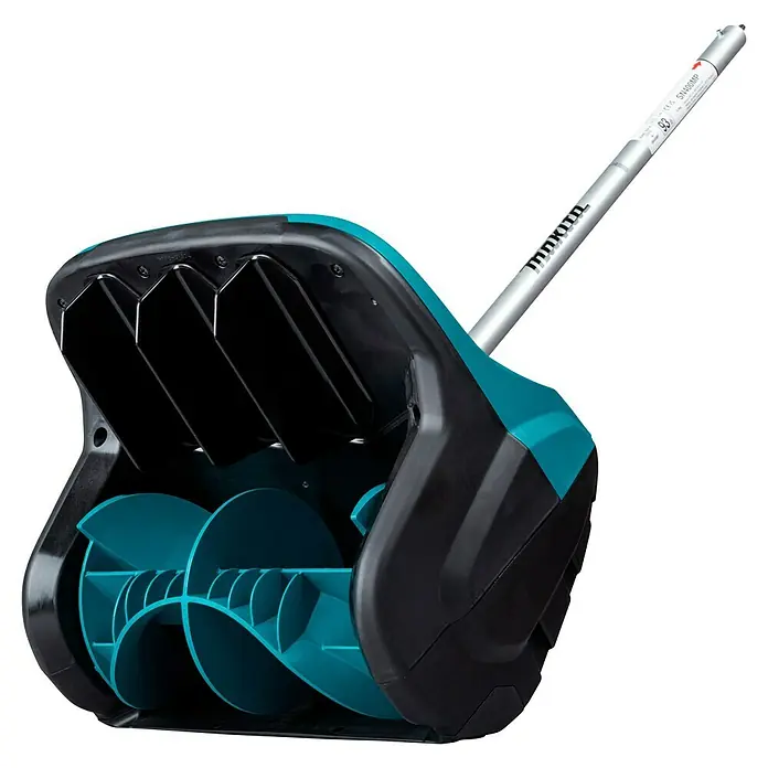 Makita Multifunktionswerkzeug-Zubehör Schneefräsen-Aufsatz SN400MP - Passend für: DUX18, DUX60, UX01G - Türkise und schwarze Makita elektrische Schneeschaufel mit Schnecke und silbernem Griff.