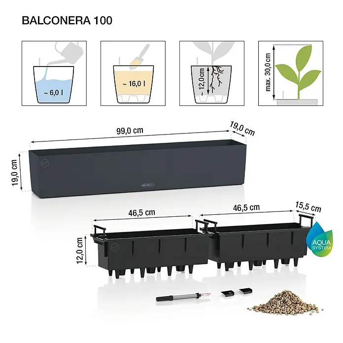 Lechuza Cottage Balkonkasten Blaconera - Max. Außenlänge: 100 cm, Kunststoff, Lichtgrau - Dunkelgrauer BALCONERA 100 Balkonkasten mit Bewässerungssystem, Maßen (99x19 cm), Wasser- (6L) und Erdvolumen (16L).