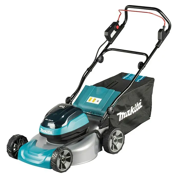 Makita LXT 18V Akku-Rasenmäher DLM466PT2 - 18 V, 2 Akkus, 5 Ah, Schnittbreite: 46 cm - Makita Akku-Rasenmäher in Schwarz, Türkis und Silber mit schwarzem Griff und Grasfangkorb.