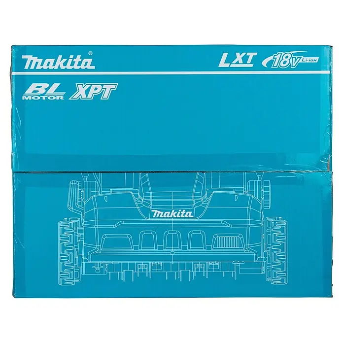 Makita LXT 18V Akku-Vertikutierer DUV320Z - Anzahl Akkus: Ohne Akku, 18 V, Arbeitsbreite: 32 cm - Blaue Makita Produktbox mit 'BL MOTOR XPT', 'LXT' und '18V Li-ion' Schriftzug, darauf eine weiße Blaupausen-Illustration eines Werkzeugs.