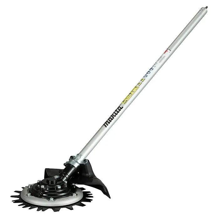 Makita Gras- & Strauchscherenaufsatz EM407MP - Passend für: Alle Makita Akku- und Benzin-Multifunktionsantriebe - Silberner Makita Freischneider mit schwarzem, vielzahnigem Sägeblatt und Schutzvorrichtung.