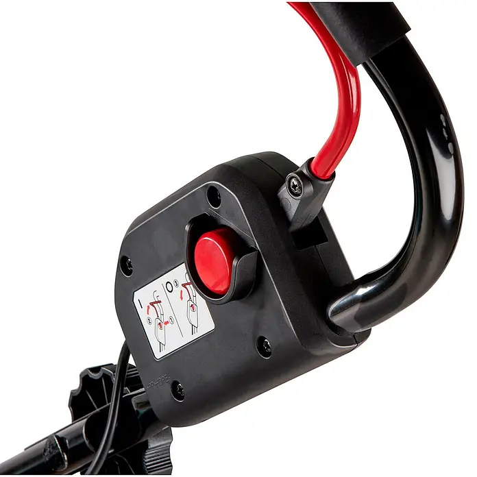 Makita LXT 18V Akku-Vertikutierer DUV320Z - Anzahl Akkus: Ohne Akku, 18 V, Arbeitsbreite: 32 cm - Schwarzer Kunststoff-Bedienhebel für ein Gartengerät mit rotem Startknopf und einem Sicherheitshinweis-Diagramm.