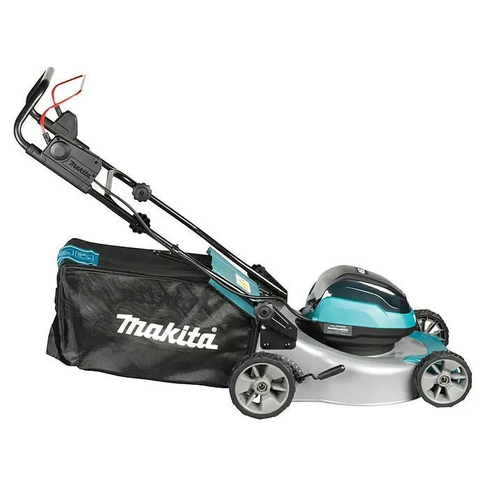 Makita LXT 18V Akku-Rasenmäher DLM466PT2 - 18 V, 2 Akkus, 5 Ah, Schnittbreite: 46 cm - Makita Akku-Rasenmäher mit türkis-silbernem Gehäuse, schwarzem Griff und Fangkorb.