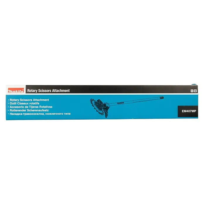 Makita Gras- & Strauchscherenaufsatz EM407MP - Passend für: Alle Makita Akku- und Benzin-Multifunktionsantriebe - Makita Rotationsscherenaufsatz (EM407MP) Karton, blau-schwarz, zeigt den Aufsatz mit rotierendem Schneidkopf.
