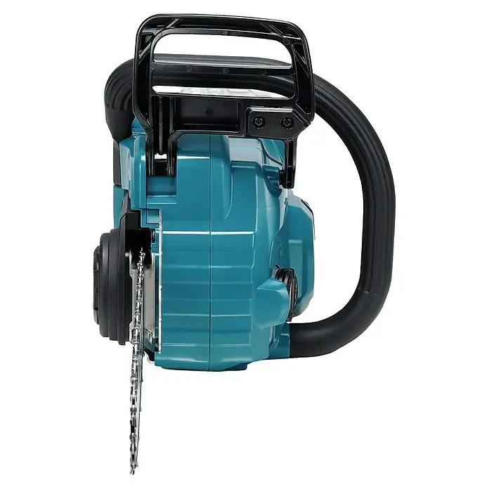 Makita XGT 40V max. Akku-Kettensäge UC022GZ - 40 V, Li-Ionen, Ohne Akku, Schwertlänge: 350 mm - Türkise und schwarze Elektrokettensäge, Seitenansicht mit Sägekette.