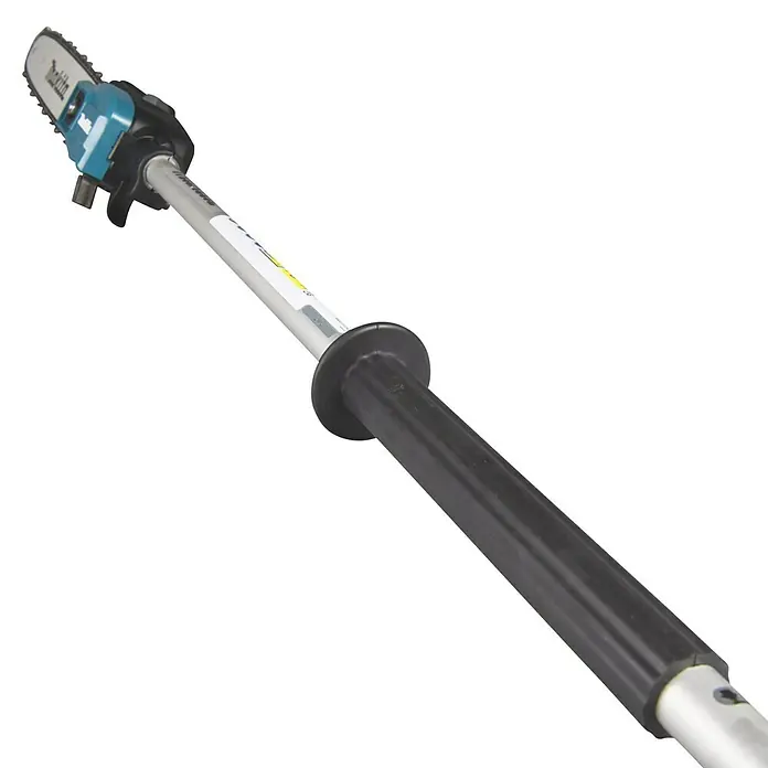 Makita Hochentaster-Aufsatz EY403MP - Passend für: DUX18, DUX60, DUX01G - Makita Hochentaster mit türkisfarbenem und schwarzem Kettensägenkopf, silberner Verlängerungsstange und schwarzem Griff.