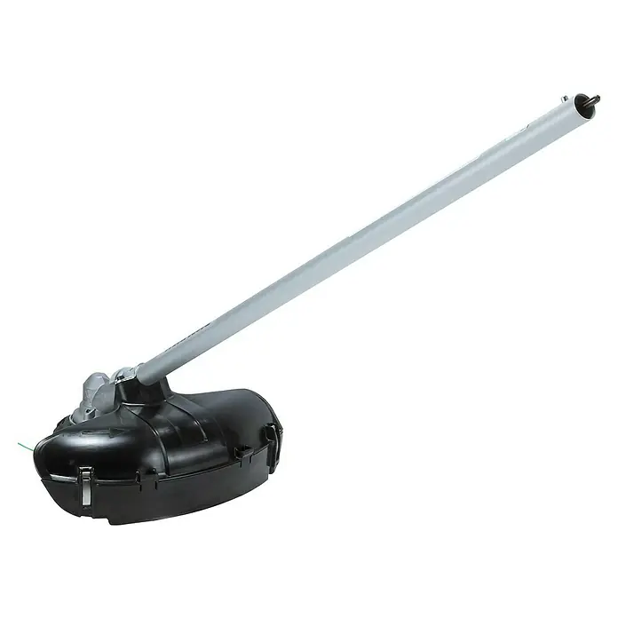 Makita Rasentrimmeraufsatz EM408MP - Passend für: DUX18, DUX60, UX01G - Schwarzer Trimmerkopf mit Faden, befestigt an einem silbernen Schaft mit Antriebsverbindung.