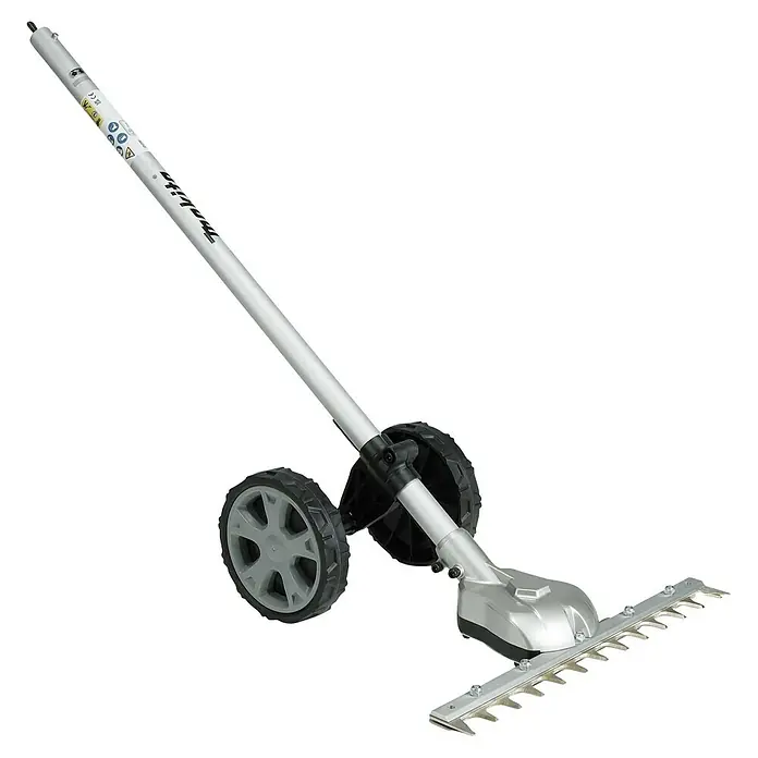 Makita Gras- & Strauchscherenaufsatz EN424MP - Passend für: DUX18, DUX60, UX01G - Ein silberner Makita Langstiel-Heckenschneider mit Stange, zwei Stützrädern und scharfen Metallklingen.