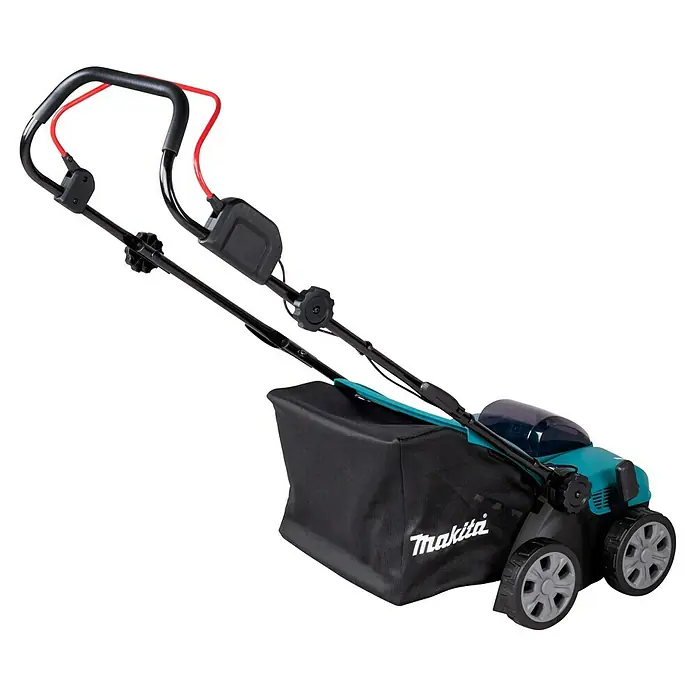 Makita LXT 18V Akku-Vertikutierer DUV320Z - Anzahl Akkus: Ohne Akku, 18 V, Arbeitsbreite: 32 cm - Makita Rasenmäher mit schwarzem Griff, roten Kabeln, türkisfarbenem/schwarzem Gehäuse, schwarzem Fangkorb und grauen Rädern.