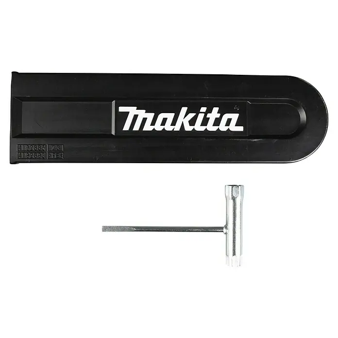 Makita Hochentaster-Aufsatz EY403MP - Passend für: DUX18, DUX60, DUX01G - Schwarze Makita Kettenschutzhülle mit einem silbernen Zündkerzenschlüssel und Schraubendreher-Kombinationswerkzeug.
