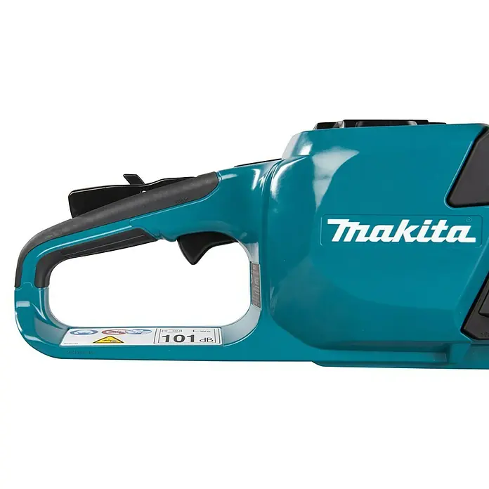 Makita XGT 40V max. Akku-Kettensäge UC022GZ - 40 V, Li-Ionen, Ohne Akku, Schwertlänge: 350 mm - Teal-schwarzes Makita Elektrowerkzeug mit Griff, Auslöser, Logo und 101 dB Geräuschpegel.