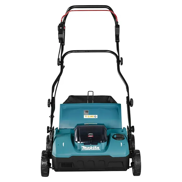 Makita XGT 40V max. Akku-Vertikutierer UV001GZ - Anzahl Akkus: Ohne Akku, 40 V, Arbeitsbreite: 38 cm - Türkisfarbener und schwarzer Makita Akku-Vertikutierer mit rotem Griff für die effiziente Rasenpflege.
