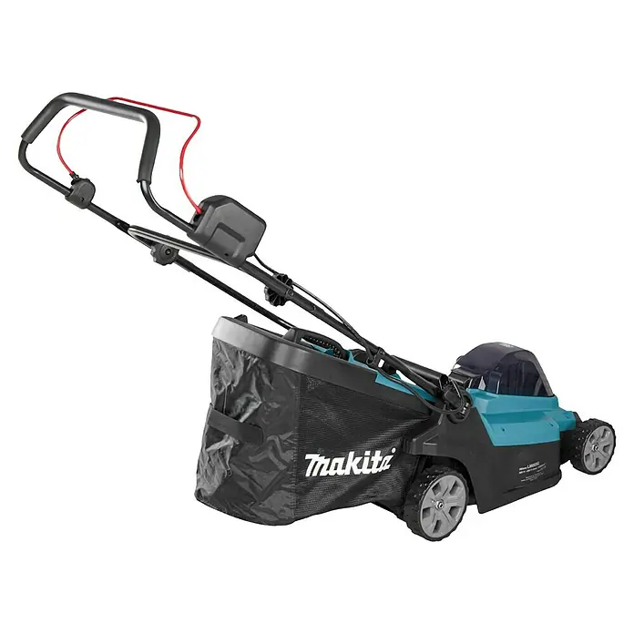 Makita XGT 40V max. Akku-Rasenmäher LM003GZ - 40 V, Ohne Akku, 8 Ah, Schnittbreite: 38 mm - Akku-Rasenmäher von Makita in Schwarz und Türkis mit roten Kabeln und Fangkorb.