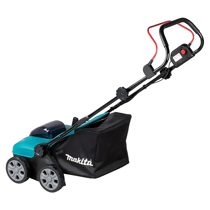 Makita LXT 18V Akku-Vertikutierer DUV320Z - Anzahl Akkus: Ohne Akku, 18 V, Arbeitsbreite: 32 cm - Elektrischer Makita Rasenmäher in Türkis und Schwarz mit Fangkorb und roten Griffakzenten.