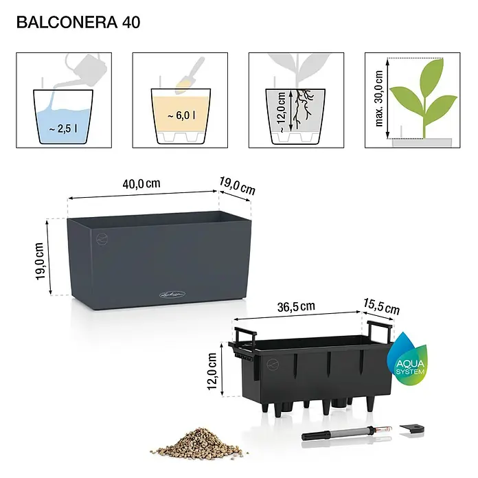 Lechuza Balconera Balkonkasten Color - Max. Außenlänge: 40 cm, Schiefergrau - Dunkelgrauer BALCONERA 40 Blumenkasten mit Bewässerungssystem, Maße 40x19x19 cm, Wasservorrat 2,5L, Substrat 6L, max. Pflanzenhöhe 30 cm.