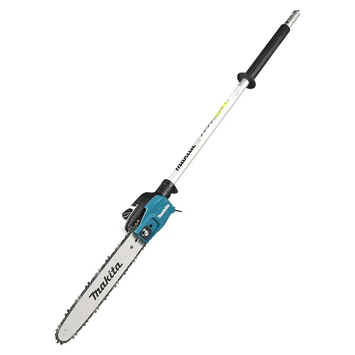 Makita Hochentaster-Aufsatz EY403MP - Passend für: DUX18, DUX60, DUX01G - Makita Hochentaster mit weißem Stiel, türkisfarbenem Motor und silberner Kettensägeschiene mit schwarzer Kette.