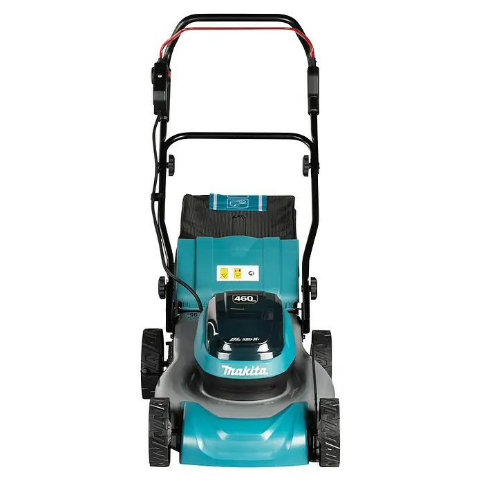 Makita LXT 18V Akku-Rasenmäher DLM466PT2 - 18 V, 2 Akkus, 5 Ah, Schnittbreite: 46 cm - Makita Akku-Rasenmäher in Türkis und Grau mit schwarzem Griff, 460mm Schnittbreite und 36V Akkuleistung.