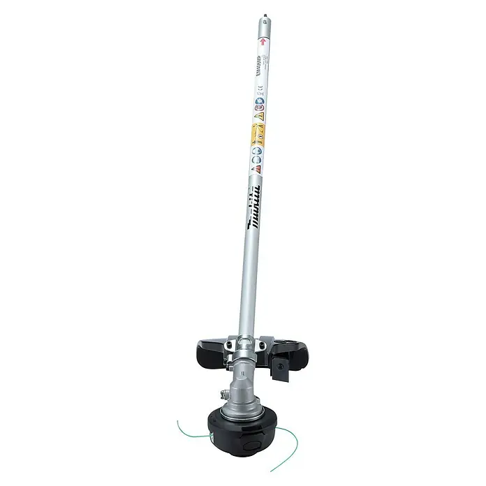 Makita Rasentrimmeraufsatz EM406MP - Passend für: DUX18, DUX60, UX01G - Makita EM406MP Fadenschneider-Aufsatz mit silbernem Schaft, schwarzem Schutz und Trimmerkopf mit grüner Schnur.
