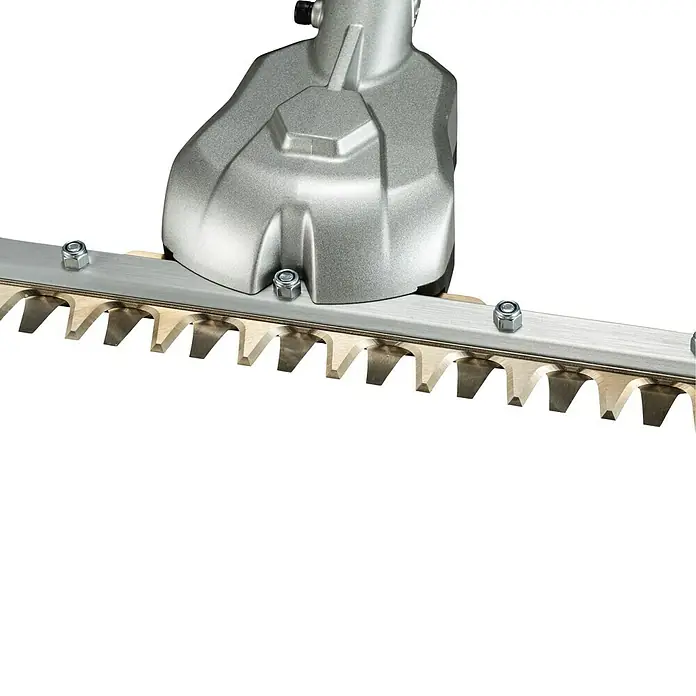 Makita Gras- & Strauchscherenaufsatz EN424MP - Passend für: DUX18, DUX60, UX01G - Nahaufnahme eines silbergrauen Heckenscherengehäuses und seiner Metallklingen mit Muttern.