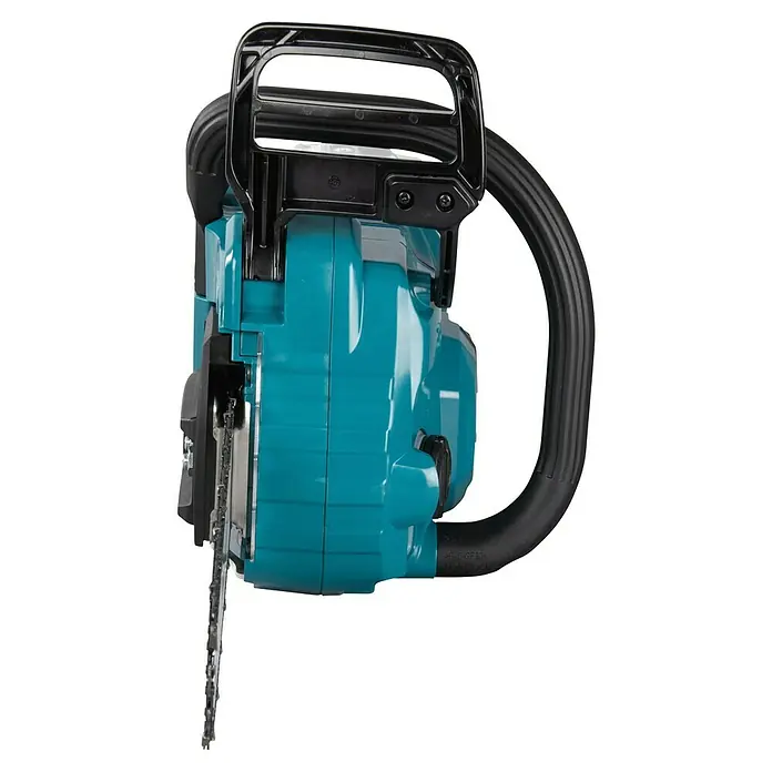 Makita XGT 40V max. Akku-Kettensäge UC025GZ - 40 V, Li-Ionen, Ohne Akku, Schwertlänge: 350 mm - Seitenansicht einer türkis-schwarzen Elektrokettensäge mit Motorgehäuse, Griff und Kette.
