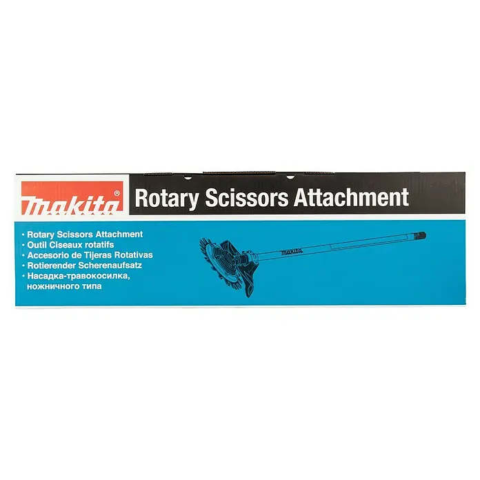 Makita Gras- & Strauchscherenaufsatz EM407MP - Passend für: Alle Makita Akku- und Benzin-Multifunktionsantriebe - Verpackung des Makita Rotierenden Scherenaufsatzes mit Werkzeugzeichnung.