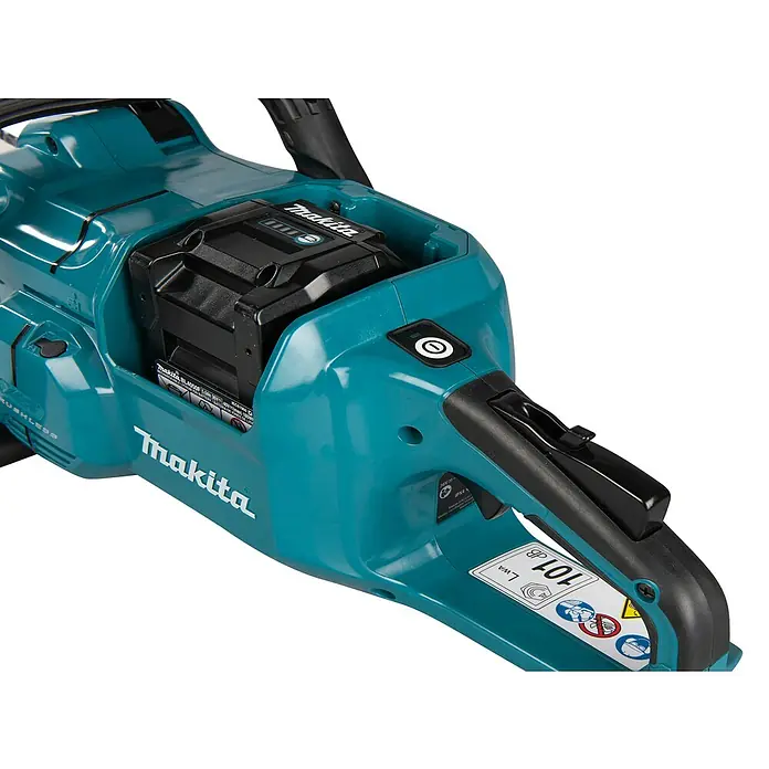 Makita XGT 40V max. Akku-Kettensäge UC022GZ - 40 V, Li-Ionen, Ohne Akku, Schwertlänge: 350 mm - Makita Akku-Kettensäge in Türkis mit eingelegtem schwarzem Akku, Power-Taste und Ladezustandsanzeige.