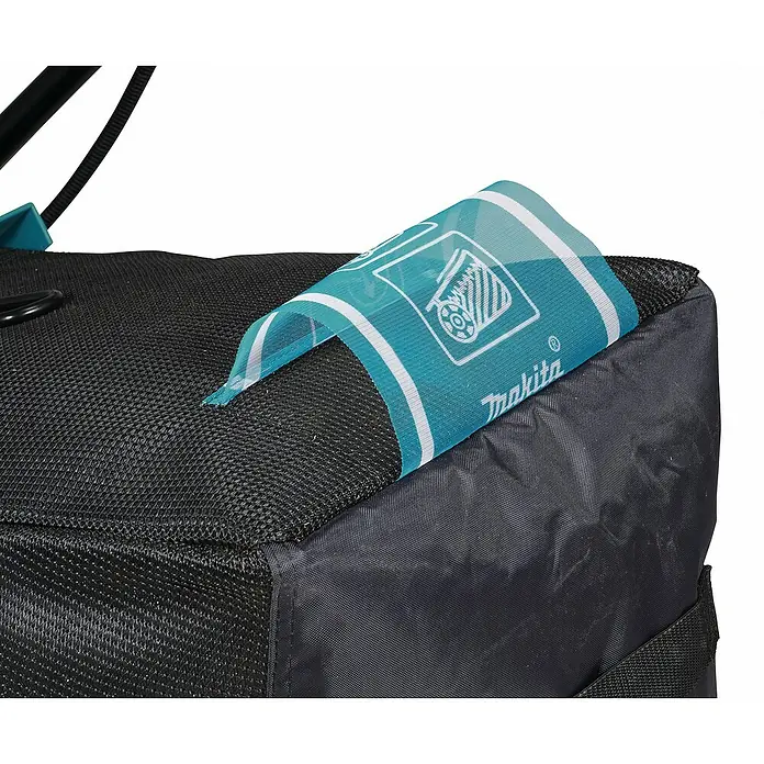 Makita LXT 18V Akku-Rasenmäher DLM466PT2 - 18 V, 2 Akkus, 5 Ah, Schnittbreite: 46 cm - Schwarze Tasche mit blauem, durchsichtigem Gurt, der das Makita-Logo und ein Werkzeugsymbol zeigt.