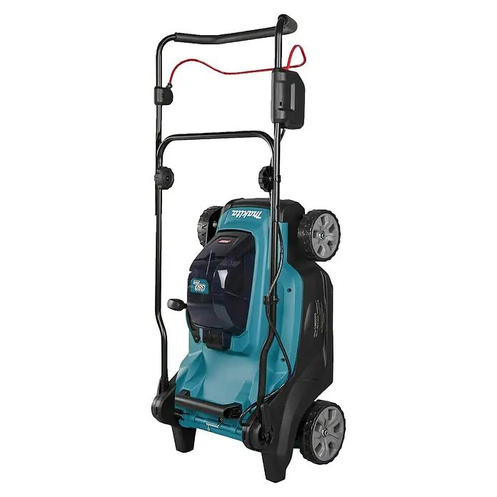 Makita XGT 40V max. Akku-Rasenmäher LM003GZ - 40 V, Ohne Akku, 8 Ah, Schnittbreite: 38 mm - Türkis-schwarzer Makita Akku-Rasenmäher mit schwarzen Griffen und rotem Sicherheitskabel.