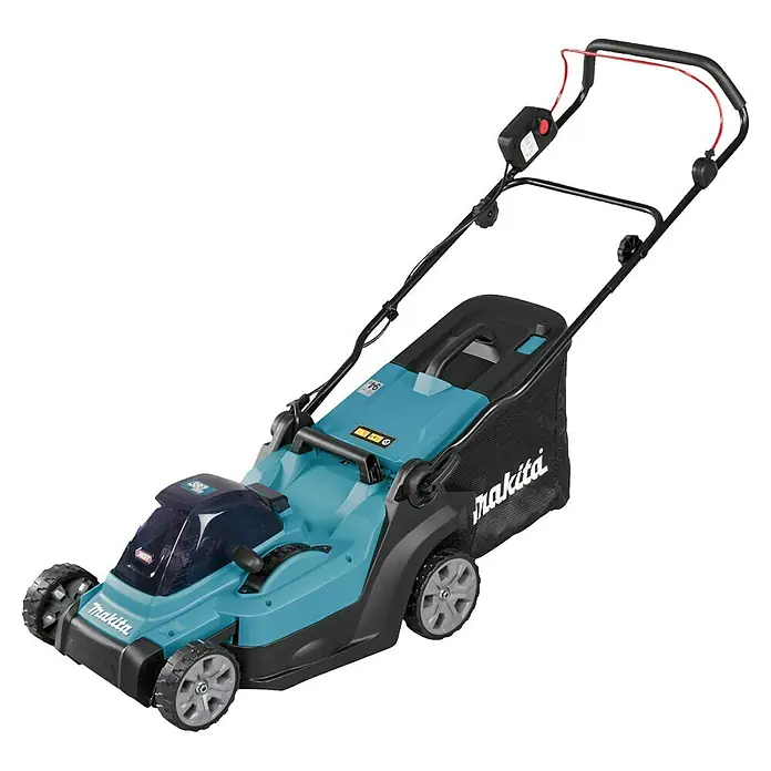 Makita XGT 40V max. Akku-Rasenmäher LM003GZ - 40 V, Ohne Akku, 8 Ah, Schnittbreite: 38 mm - Kabelloser Makita Rasenmäher in Türkis und Schwarz mit Stofffangkorb und ergonomischem Griff.