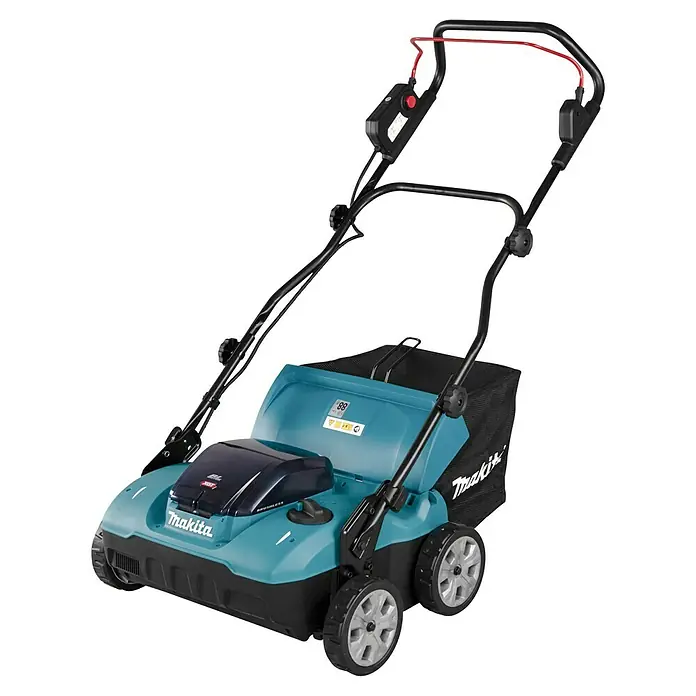 Makita XGT 40V max. Akku-Vertikutierer UV001GZ - Anzahl Akkus: Ohne Akku, 40 V, Arbeitsbreite: 38 cm - Türkiser und schwarzer Makita Rasenvertikutierer mit Fangkorb, Steuergriff und vier Rädern.