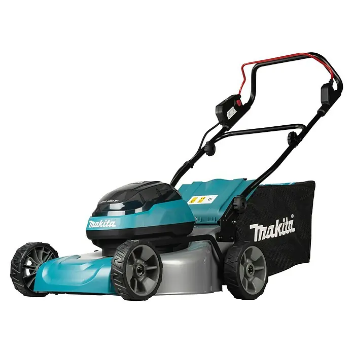 Makita LXT 18V Akku-Rasenmäher DLM466PT2 - 18 V, 2 Akkus, 5 Ah, Schnittbreite: 46 cm - Kabelloser Makita Rasenmäher in Türkis und Schwarz mit Grasfangkorb und ergonomischem Griff.