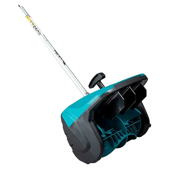 Makita Multifunktionswerkzeug-Zubehör Schneefräsen-Aufsatz SN400MP - Passend für: DUX18, DUX60, UX01G - Türkis-dunkelgraue Elektro-Schneeschaufel mit langem silbernen Stiel, abgewinkelt, um den Räummechanismus zu zeigen.