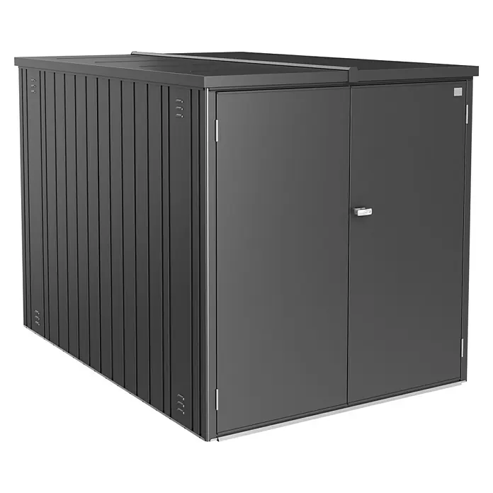 Biohort MiniGarage Fahrradgarage L - Dunkelgrau Metallic, Außenbreite inkl. Dachüberstand: 145 cm, Außentiefe inkl. Dachüberstand: 203 cm - Dunkelgrauer Metall-Geräteschuppen mit Wellblechseiten, zwei Türen und silbernem Griff.