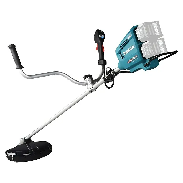 Makita XGT 40V max. Akku-Freischneider UR012GZ06 - 40 V, 8 Ah, Ohne Akku, Schnittbreite Faden: 305 cm - Türkis-schwarzer Makita Akku-Rasentrimmer mit ergonomischem Griff, gebogenem Schaft und zwei Akkus.