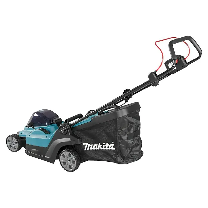 Makita XGT 40V max. Akku-Rasenmäher LM003GZ - 40 V, Ohne Akku, 8 Ah, Schnittbreite: 38 mm - Makita Rasenmäher in Türkis und Schwarz mit Grasfangsack und schwarz-rotem Griff.