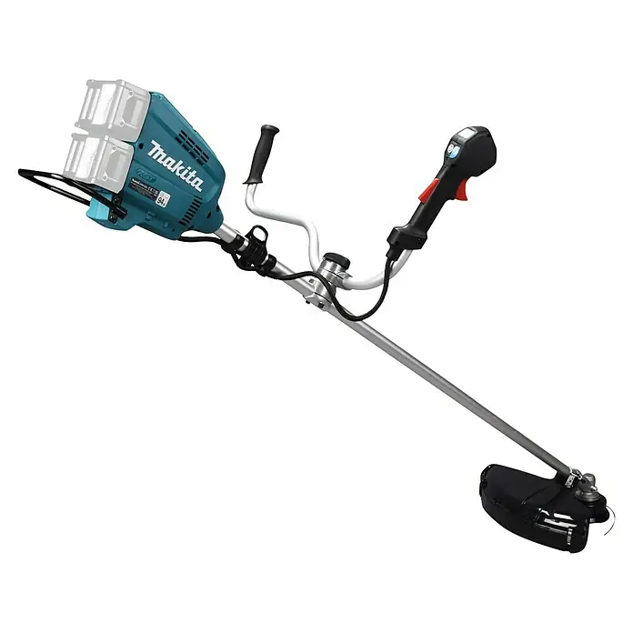 Makita XGT 40V max. Akku-Freischneider UR012GZ06 - 40 V, 8 Ah, Ohne Akku, Schnittbreite Faden: 305 cm - Makita Akku-Rasentrimmer mit türkisem Gehäuse, schwarzen Griffen, silbernem Schaft und zwei klaren Akkus.