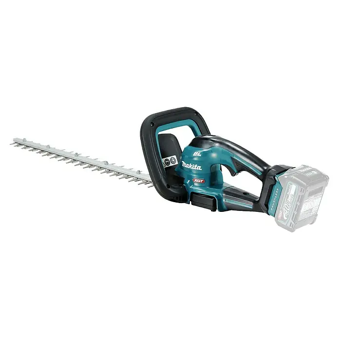 Makita XGT 40V max. Akku-Heckenschere UH020GZ - 40 V, Li-Ionen, Ohne Akku, Schnittlänge: 500 mm - Eine tealfarbene und schwarze Makita Akku-Heckenschere mit langer Silberklinge, betrieben mit einem XGT 40V max Akku.