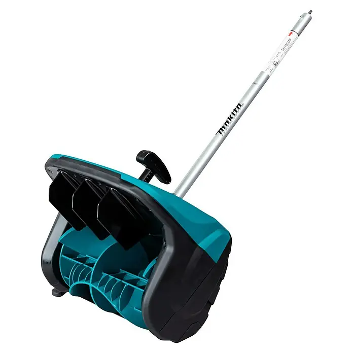 Makita Multifunktionswerkzeug-Zubehör Schneefräsen-Aufsatz SN400MP - Passend für: DUX18, DUX60, UX01G - Türkise und schwarze Makita Akku-Schneeschaufel mit langem silbernem Griff, ausgestattet mit einer Schnecke und schwarzen Klingen zur Schneeräumung.