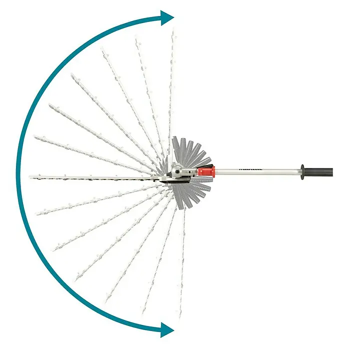 Makita Heckenscheren-Aufsatz EN402MP - Passend für: DUX18, DUX60, UX01G - Heckenschere mit verstellbarem silber-schwarzem Messer, in verschiedenen Winkeln von vertikal bis horizontal dargestellt, um ihren Bewegungsbereich zu zeigen.