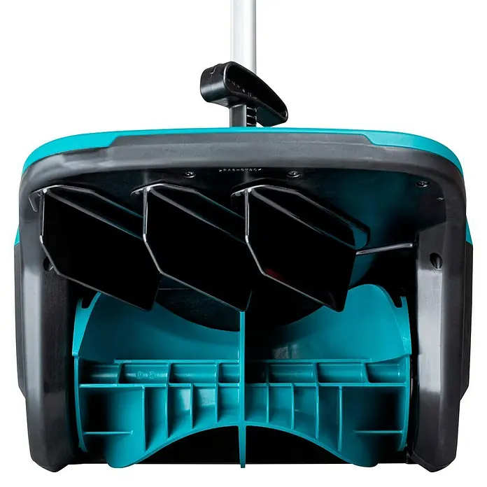 Makita Multifunktionswerkzeug-Zubehör Schneefräsen-Aufsatz SN400MP - Passend für: DUX18, DUX60, UX01G - Unterseite eines türkis-schwarzen Gartengeräts (Vertikutierer/Rasenlüfter) mit rotierenden Klingen und robustem Gehäuse.