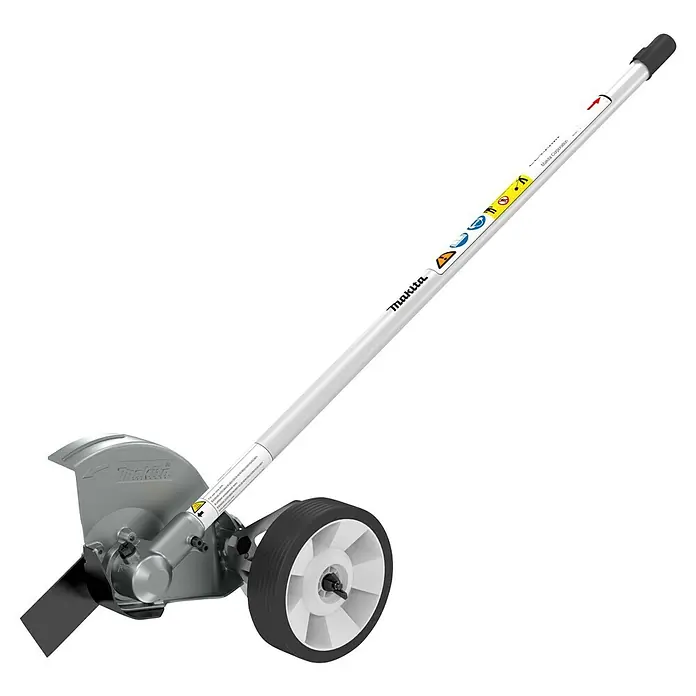 Makita Rasentrimmeraufsatz EE400MP - Passend für: DUX18, DUX60, UX01G - Makita Schaftkantenmäher-Aufsatz mit silberner Klinge, weißem Rad und Schaft, mit Warnhinweisen.