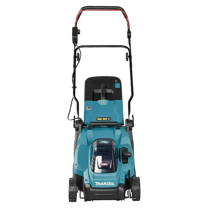Makita XGT 40V max. Akku-Rasenmäher LM003GZ - 40 V, Ohne Akku, 8 Ah, Schnittbreite: 38 mm - Makita Akku-Rasenmäher in Türkis und Schwarz mit rot akzentuiertem Griff.