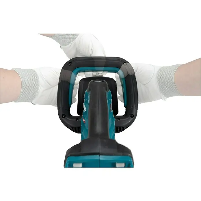 Makita XGT 40V max. Akku-Heckenschere UH020GZ - 40 V, Li-Ionen, Ohne Akku, Schnittlänge: 500 mm - Schwarz-türkises Elektrowerkzeug mit drehbarem Griff, gehalten von weiß behandschuhten Händen.