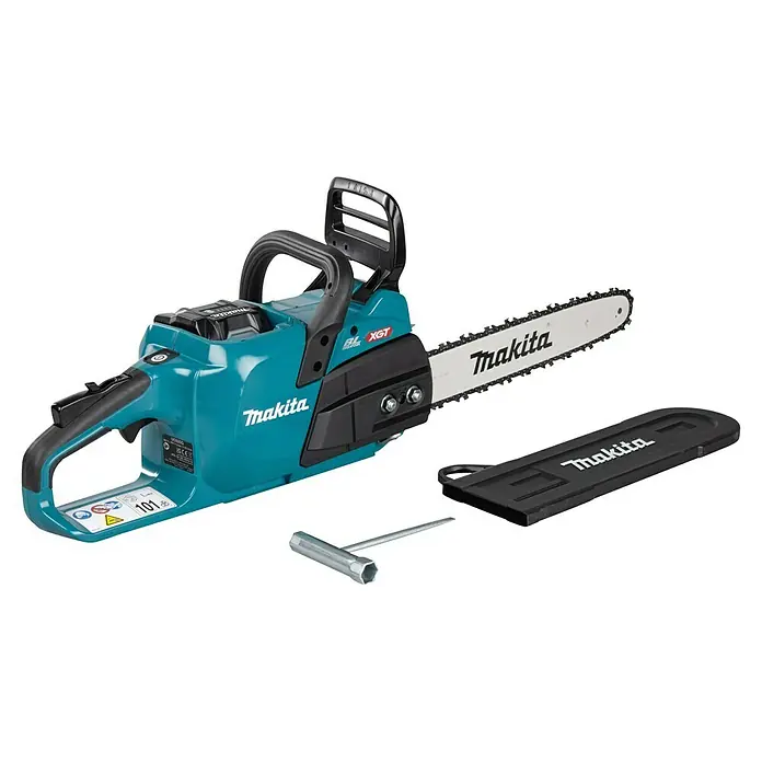 Makita XGT 40V max. Akku-Kettensäge UC025GZ - 40 V, Li-Ionen, Ohne Akku, Schwertlänge: 350 mm - Türkisfarbene und schwarze Makita Akku-Kettensäge mit silberner Führungsschiene, Kette, schwarzer Schutzabdeckung und Schraubenschlüssel.