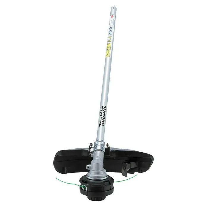 Makita Rasentrimmeraufsatz EM408MP - Passend für: DUX18, DUX60, UX01G - Silberner Rasentrimmer-Aufsatz mit schwarzem Schneidkopf, grüner Schnur und Makita-Branding.