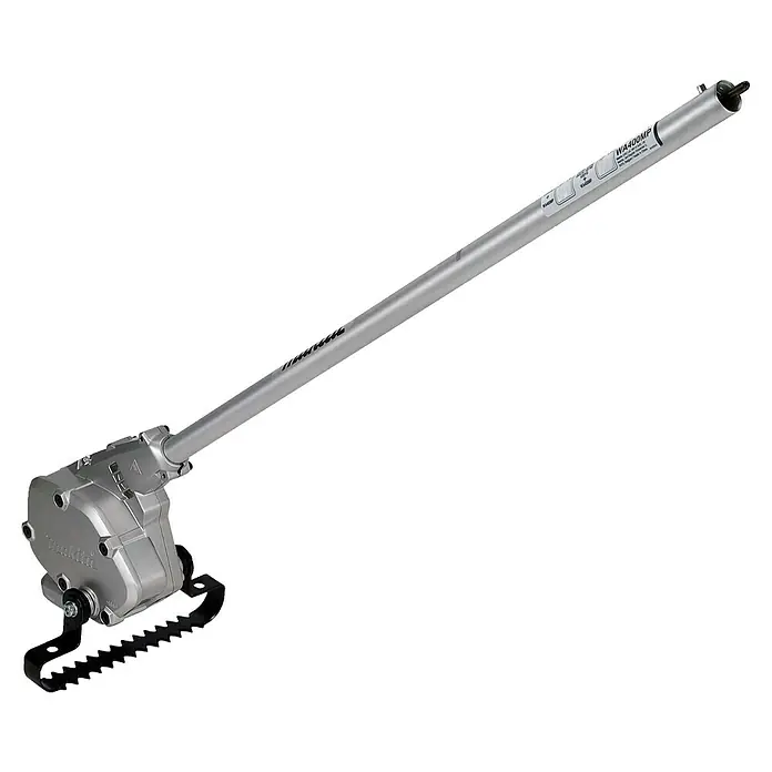 Makita Stahlrad für Motorhacke WA400MP - Passend für: DUX18, DUX60, UX01G - Silberfarbener Makita Astsägenaufsatz mit Getriebegehäuse und schwarzem, gezacktem Asthaken für Multi-Werkzeugsysteme.